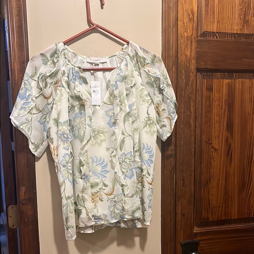 LOFT White Flutter Sleeve Blouse with Peter Pan Collar